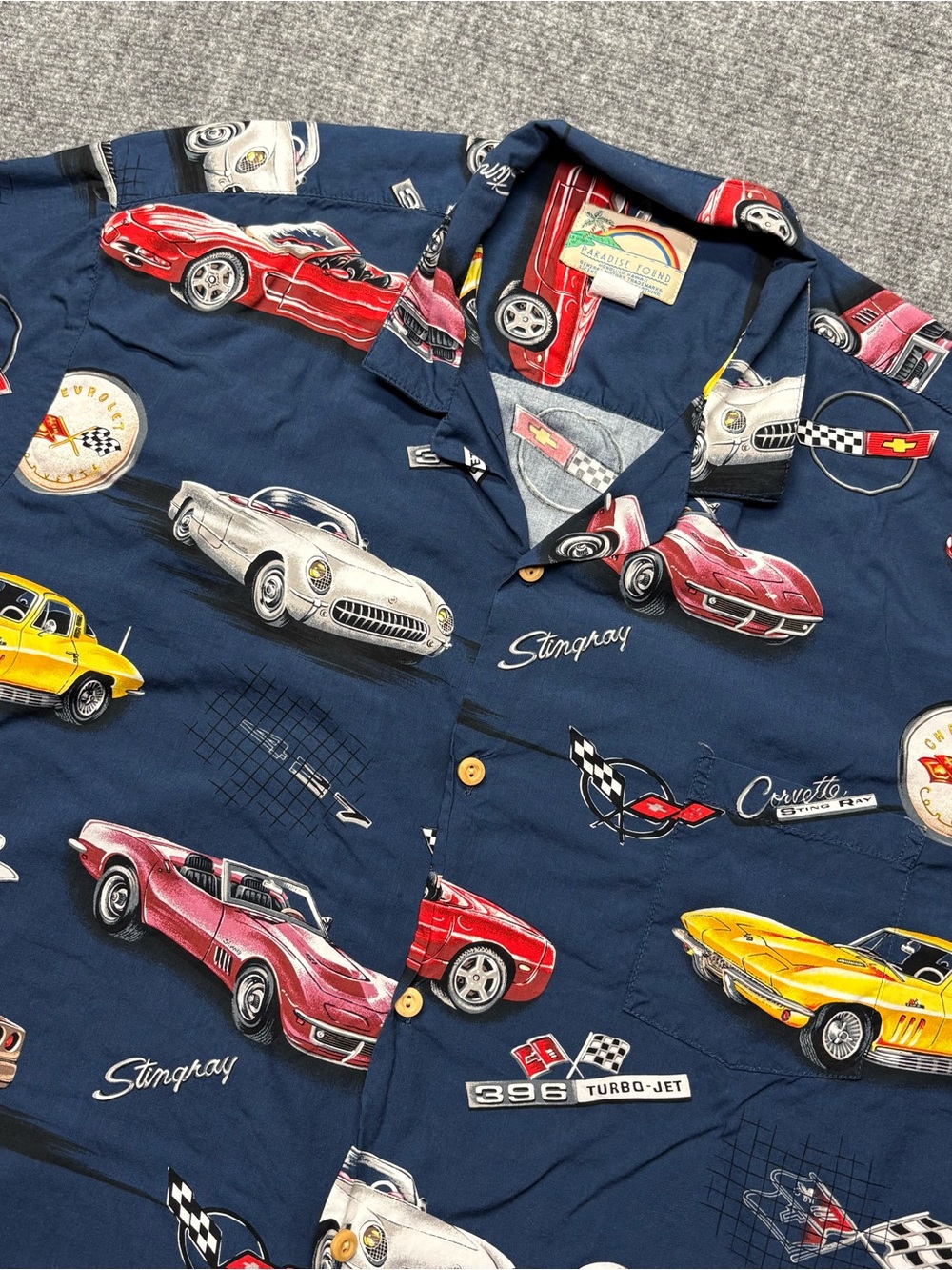 Paradise Found Camp Shirt Mens 2XL Blue Corvette Stingray AOP Rayon Hawaii Made